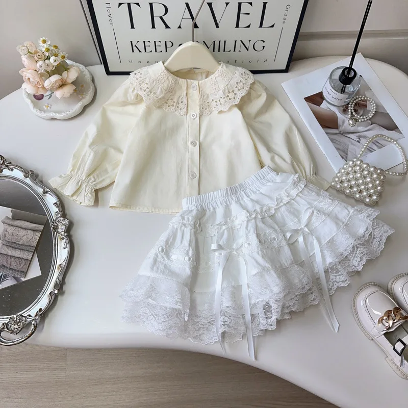 

2025New Spring and Autumn Girls Fashionable Long Sleeve Shirt Little Girl Ruffle Lace Embroidered Top