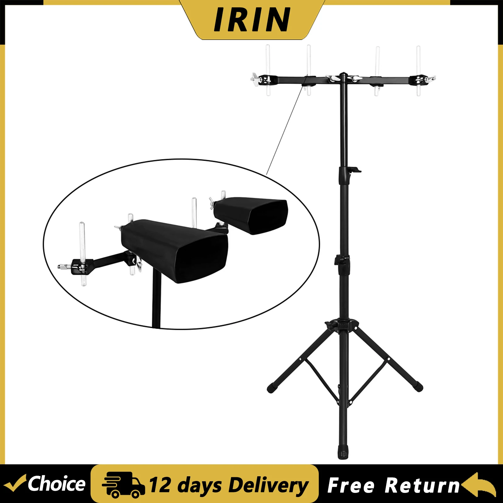 IRIN Cowbell Stand Foldable Tripod-Holder Carbon Steel Multi-Clamp Holder Height-adjustable Percussion Instrument Accessories