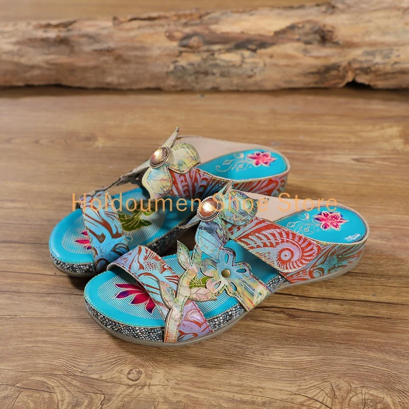 Lake Blue Fashion Cross Strap Hand Cut Three Dimensional Flowers Summer Casual Slippers Hand Drawn Print Peep Toe Wedge Slippers