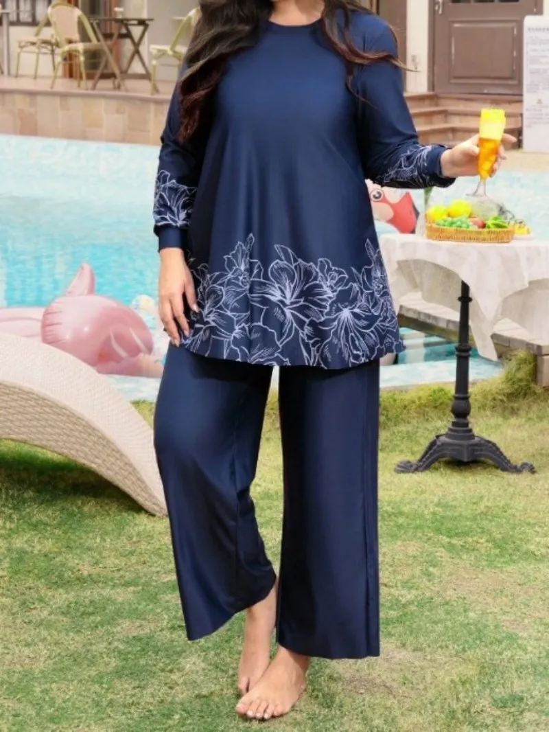 2pcs plus-sized Elegance Burkini Modest swimsuit Navy Blue with White Floral Printed long sleeved Dress Lady Swimwear beachweara