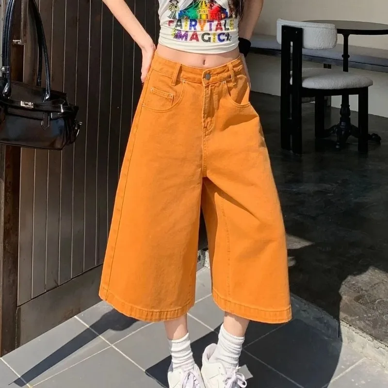 Women Vintage High Waist Wide Leg Denim Cropped Culottes Casual Solid Color Loose Capri Trousers Street Daily Wear