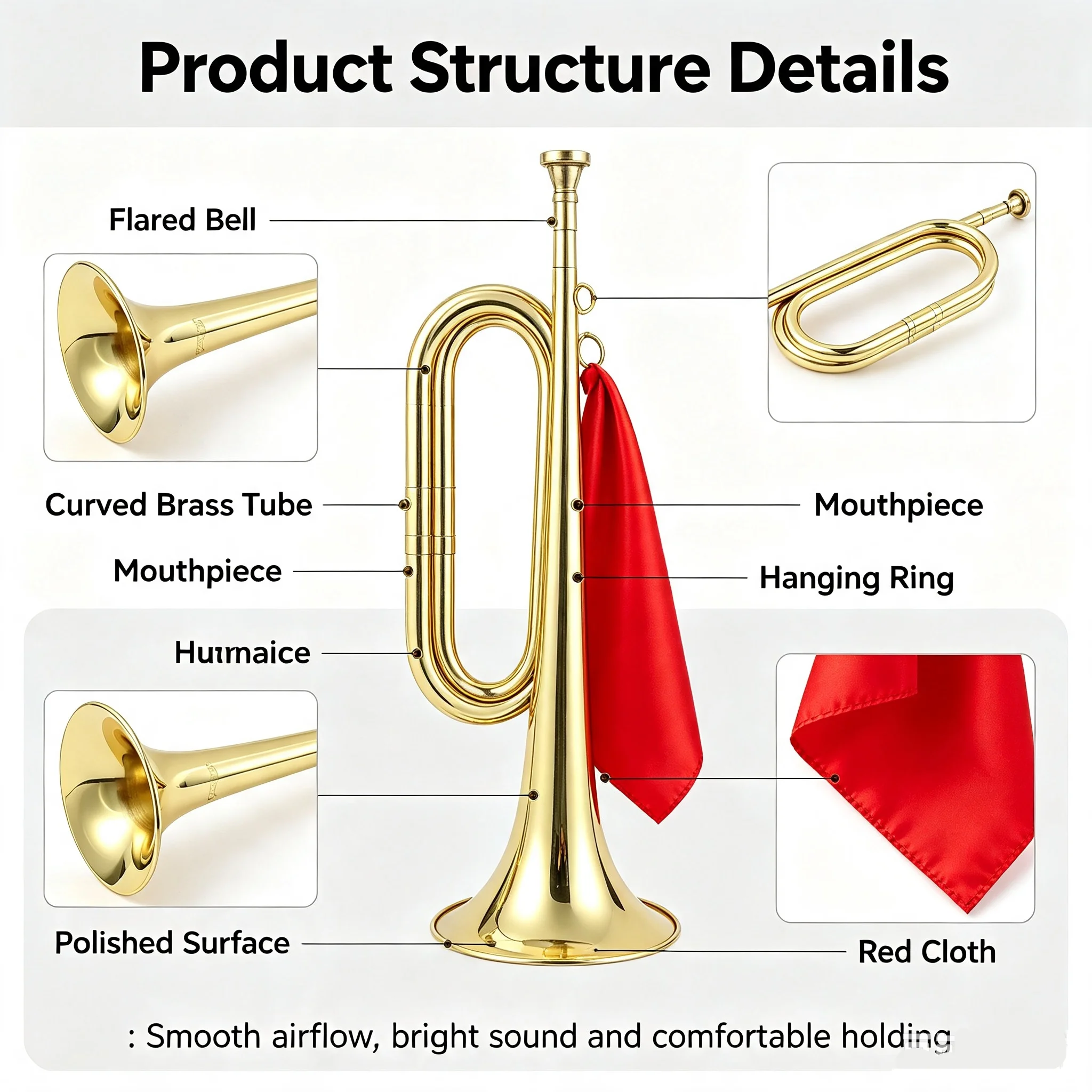 Gold Plated Brass Cavalry Bugle with Red Silk Flag Military Signal Horn for Student Band Scout Training Performance