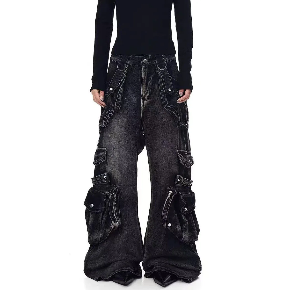 Men's Fashion Vibe Style Hip Hop Cargo Jeans Pants With Multi Pockets High Street Loose Fit Y2K Denim Trousers Wide Leg