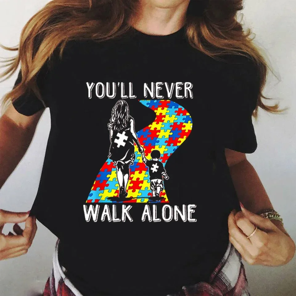 Graphic Tee Kindness Shirt You'll Never Walk Alone Letter Puzzle Piece T-shirt Aesthetic Autism Awareness Tops Tee Women Clothes