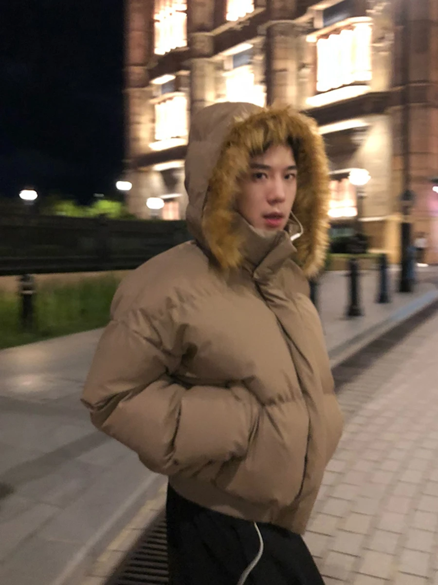 

Retro American Hooded PU Leather ort Cotton Jaet Men Winter Thiened Color Loose Bread Sle Coat Warmth Youth Trend