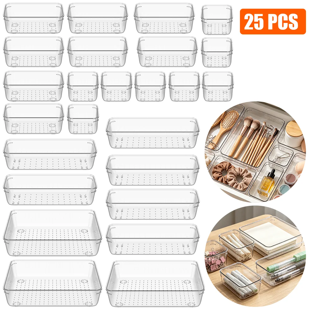 25-teiliges Schreibtisch-Schubladen-Organizer-Set Transparente Kunststoff-Aufbewahrungsboxen für Bad, Make-up, Schreibtisch, Schlafzimmer, Kommode und Büro