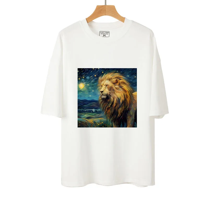 Art Oil Painting Starry Sky and Lion Animal Iron-on Transfer Thermal Sticker For Clothes T-shirt DIY Fashion Heat Transfer Patch