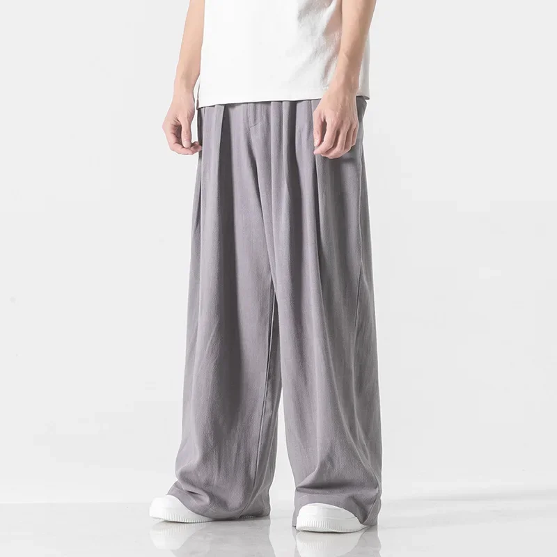 Hanfu Spirit Draped Linen Pants For Men Straight-leg Casual Trousers Chinese Style Loose-fit Ancient Wide-leg Song Trousers