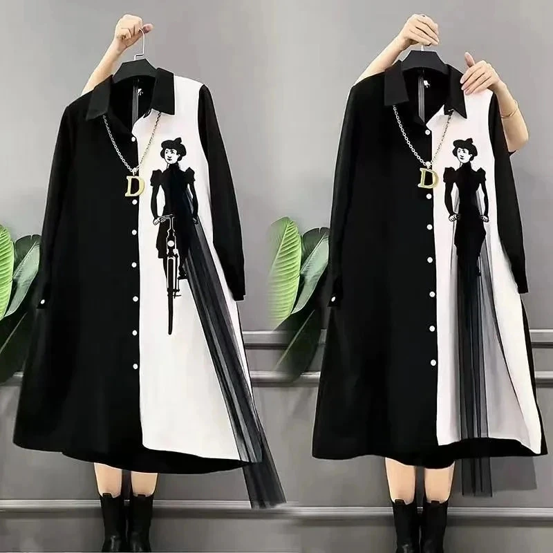 2023 New Black Lady Shirt Dresses Spring Summer Mesh Stitching Contrast Dress Tops Plus Size Women Dress Coat Mid-Long Vestidos