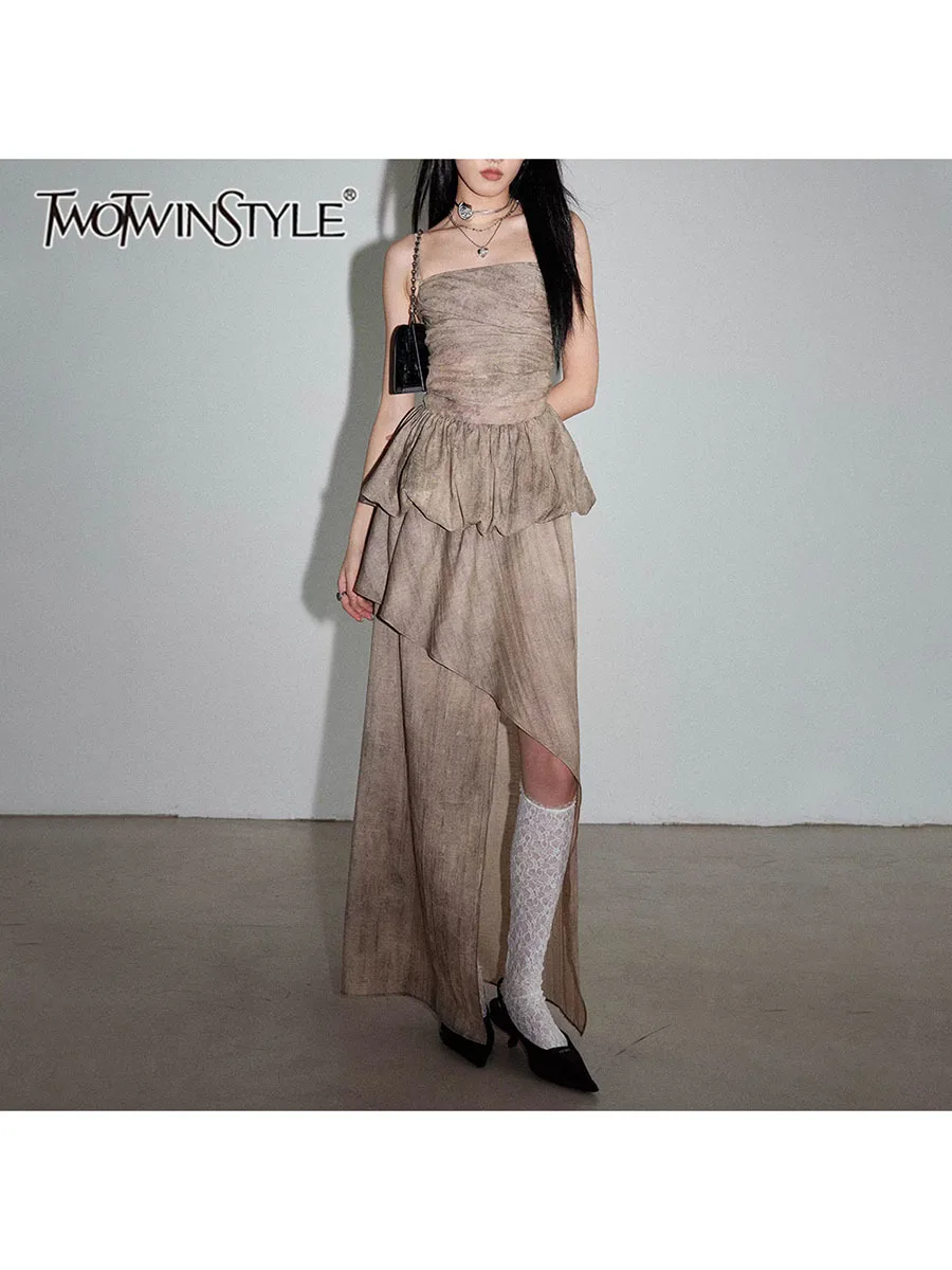

TWOTWINSTYLE Solid Slimming Long Dresses For Women Square Neck Sleeveless High Waist Temperament Dress Female Fashion Style New