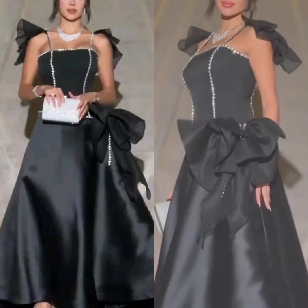 Vestido de noche brillante sin tirantes, línea A, largo hasta el suelo, lazos de diamantes de imitación, satén personalizado, Arabia Saudita es