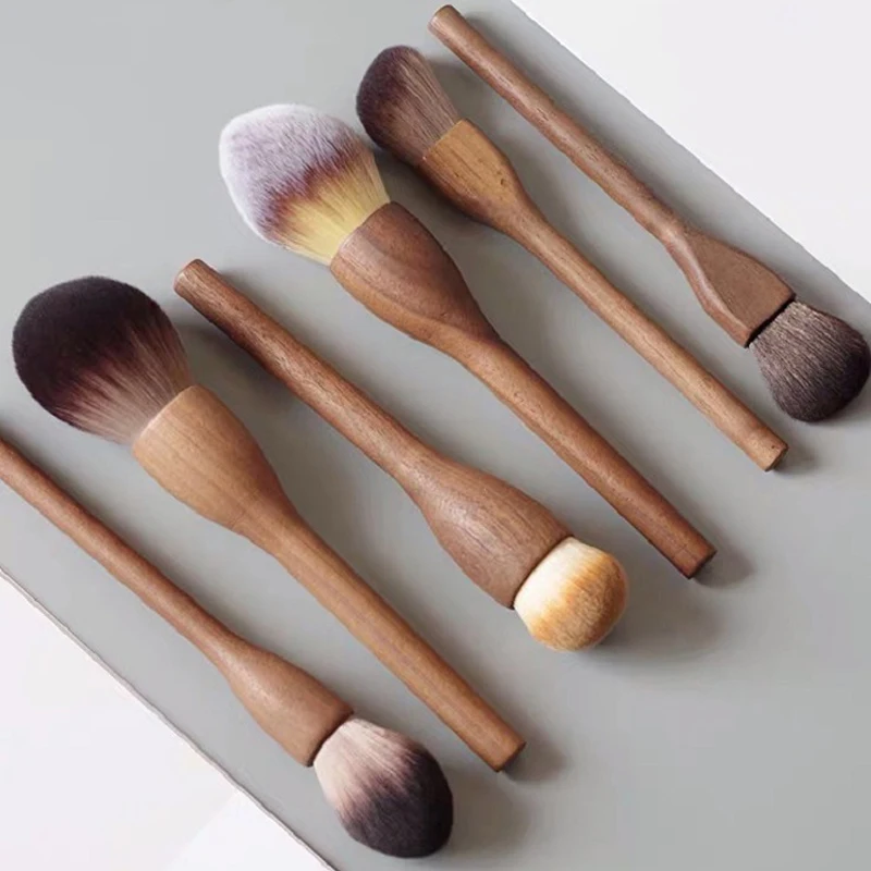 6Pcs Vintage Walnut Wood Handle Makeup Brush Soft Loose Powder Blush Foundation Brushes Contour Brush Cosmetic Makeup Tools