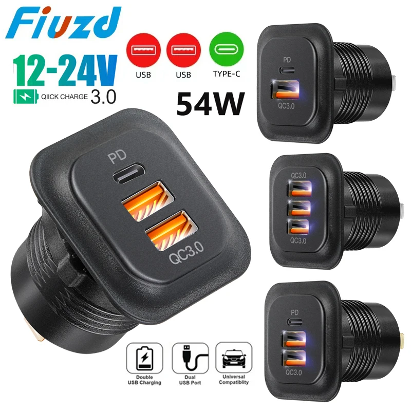 Car Charger Socket PD3.0 & QC3.0 Double USB C Ports with LED Fast Charging 12V/24V For Moto Adapter