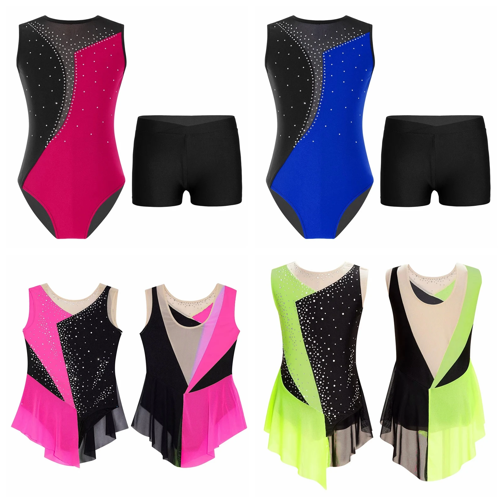 Children Figure Skating Jumpsuit Yoga Sets Dancewear Sets Kids Girls Tutu Dance Ballet Outfits Gymnastics Leotard + Shorts