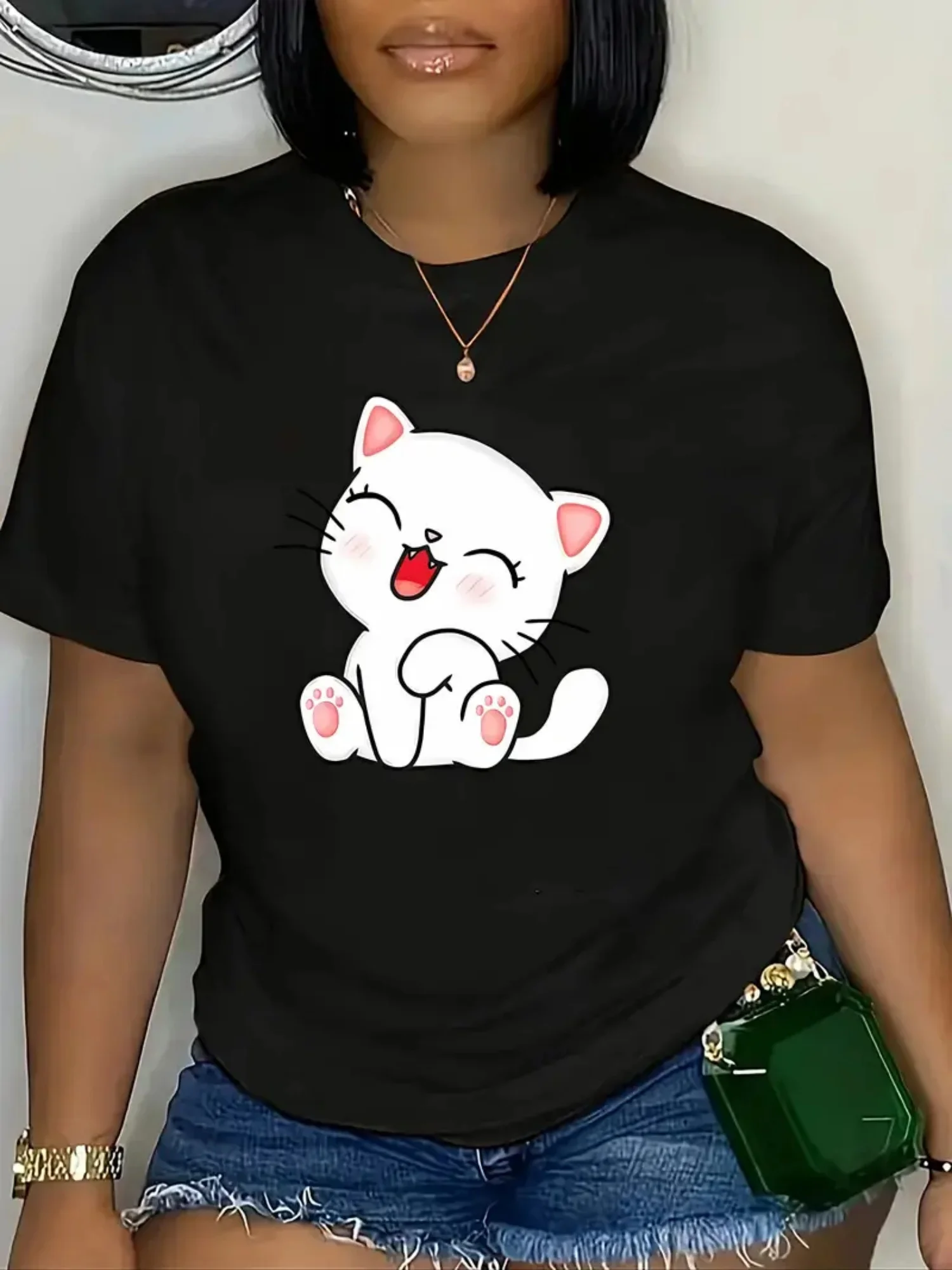 

Cute Cartoon Cat Graphic Printing Summer Autumn Winter Cotton Men and Women T-shirt Short Sleeve Luxury Outdoor Sports Brand