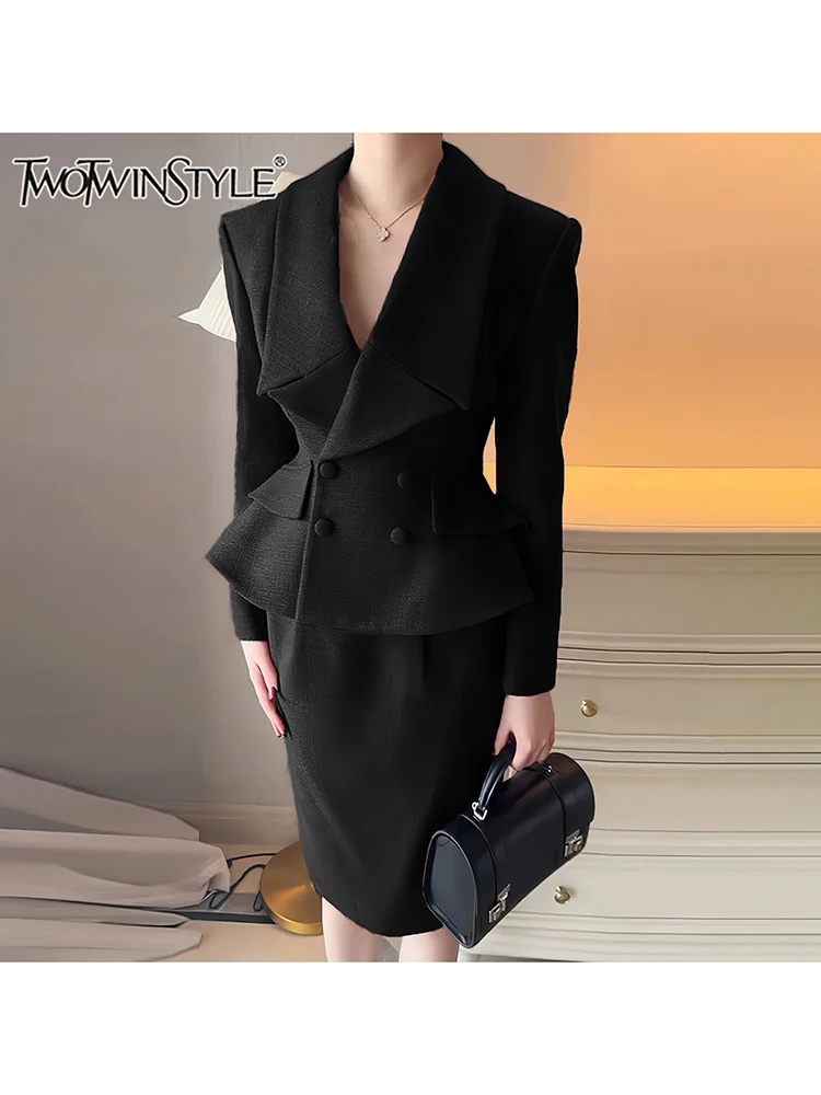 TWOTWINSTYLE Solid Casual Two Piece Sets For Women Lapel Long Sleeve Coats High Waist Spliced Zipper A Line Skirt Set Female New