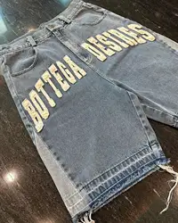 Street Harajuku Mode Jeans American Retro Letter bestickte Denim Shorts High Street Boys lässig lose gerade Hosen Männer