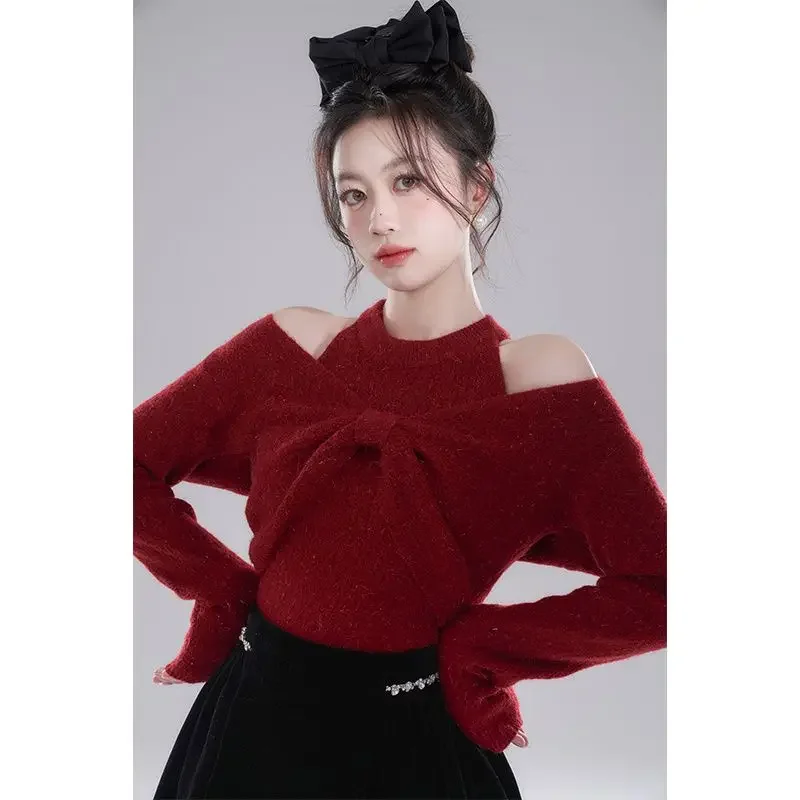 Gagarich New French Off Shoulder Butterfly Knot Slim Fit Sweater Top Long Sleeve Knitted Sweater Design Red Base Two Piece Set