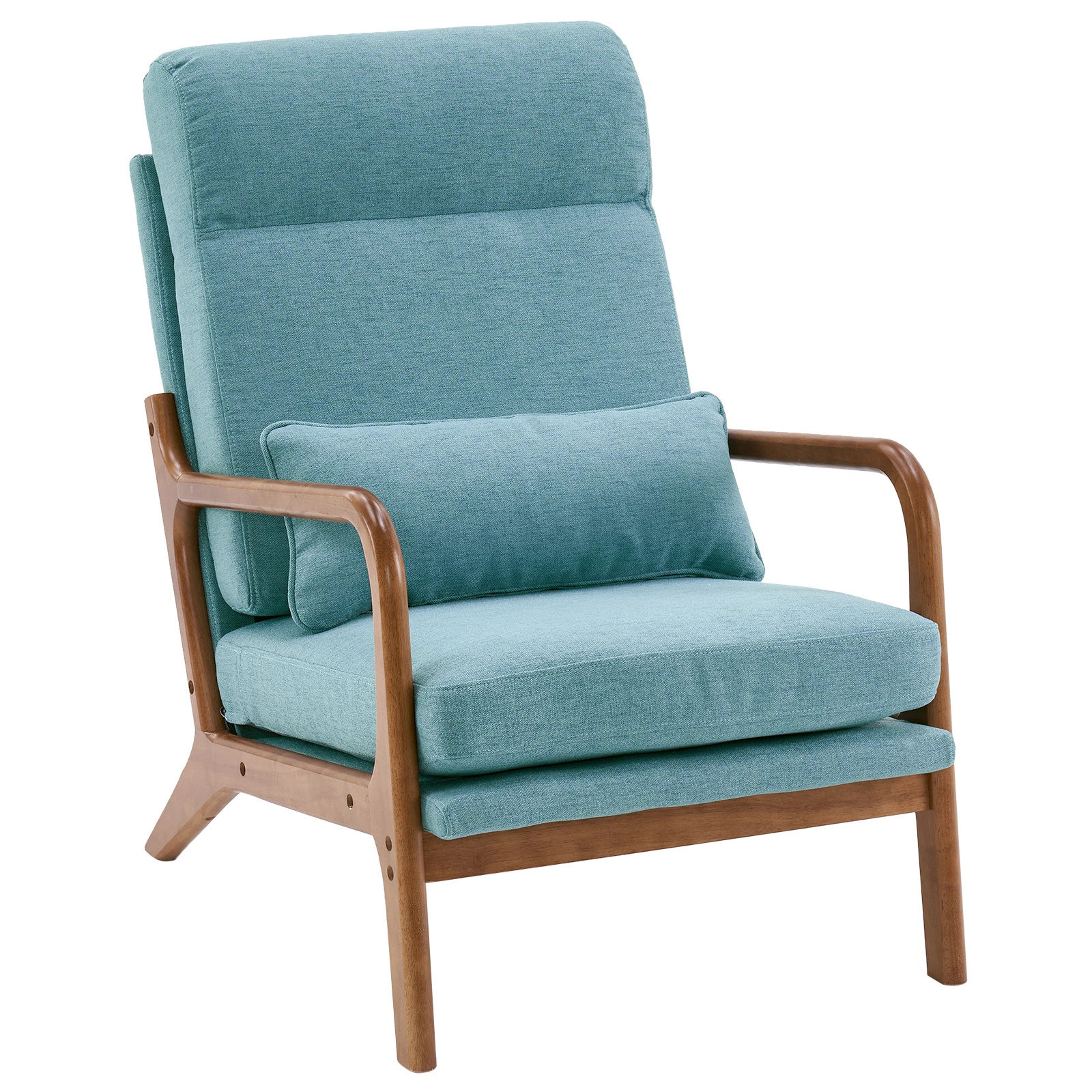 High Back Solid Wood Armrest Backrest Iron Frame Linen Indoor Leisure Chair Teal