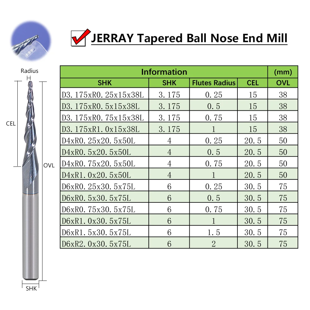 Jerray 1Pcs HRC55  D3.175-D6mm Tapered Ball Nose End Mill Tungsten solid carbide Coated Tapered cone cnc milling cutter