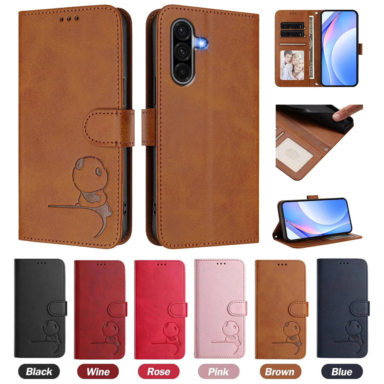3D Bär Leder Telefon Brieftasche Fall Buch Für Samsung Galaxy A06 A16 A26 A36 A56 A05s A15 A35 A55 A14 a34 A54 A13 A33 A53 A73 Abdeckung