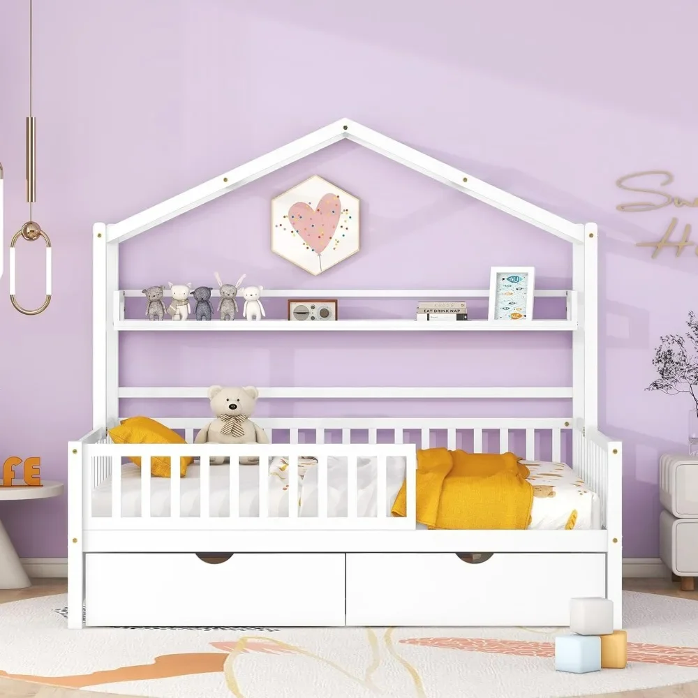 Full House Beds with Drawers, Kids Bed with Shelf and Fence Guardrails, Wood Bed Frame with Decorative Roof Designs