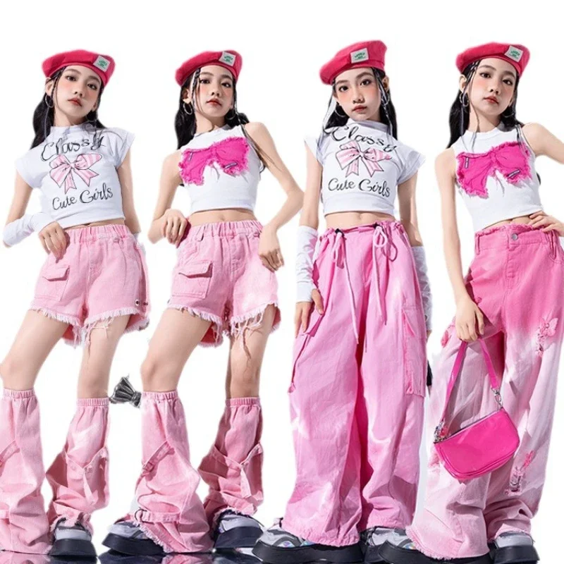 Girls Hip Hop Sweet Butterfly Crop Top Gradient Cargo Pants Kids Street Dance Jeans Clothes Sets Children Streetwear Teen Outfit