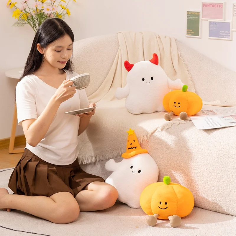 Halloween Pumpkin Ghost Plush Dolls Kawaii Soft Stuffed Anime Devil with Hat Pillow Cute Party Holiday Decor Prop for Kids Gifts