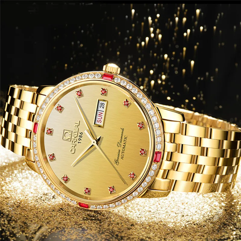 

Carnival Mens Fashion Red Diamond Mechanical Watch Brand Luxury Gold Waterproof Automatic Movement Watches for Men Montre Homme