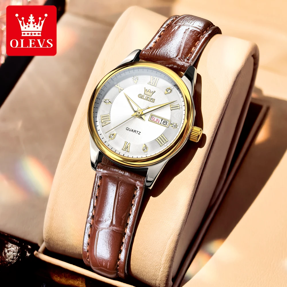 OLEVS 3649 Mens Watch Original Casual Fashion Quartz Watch Waterproof Luminous Leather Strap Watches For Man And Woman Gift Box