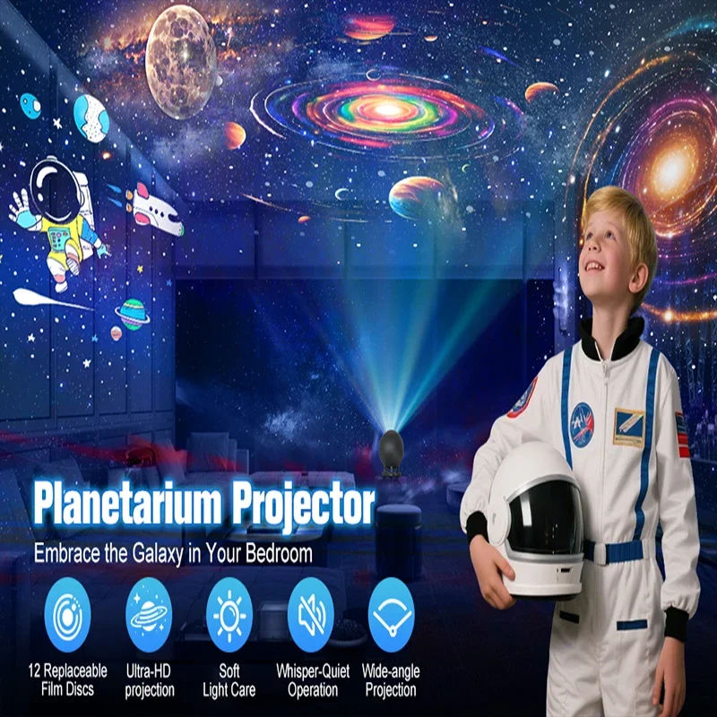 Galaxy Star Projector Night Light, 12 Film Discs, Ultra HD Projection, Whisper-Quiet, USB Powered, Auto Shut-Off