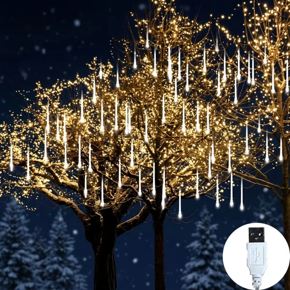 USB Meteor Shower Lights Warm White for Christmas Halloween Home Weddings Party Outdoor Trees Gardens Patios Festive Decoration