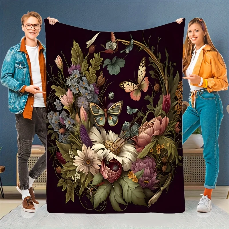 1 Vintage Flower Basket and Butterfly Print Blanket, Warm and Comfortable for All Seasons, Suitable for Bedrooms and Camping Tri