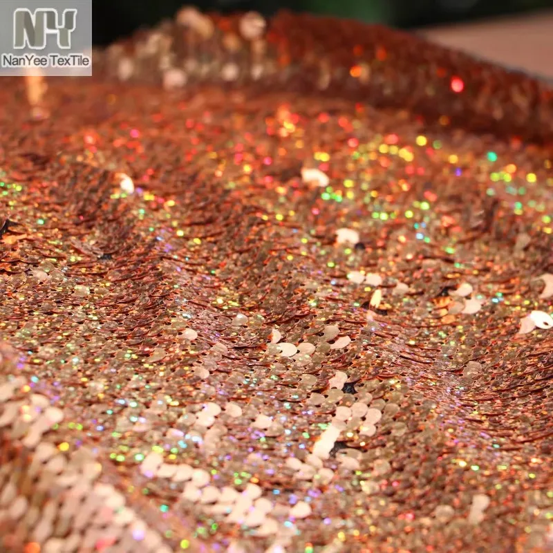 Rose Gold Laser Sequin Mesh Fabric for Clothing Jacket Sparkling Cloth Antique Copper Brown Colorful Designer Diy Sewing