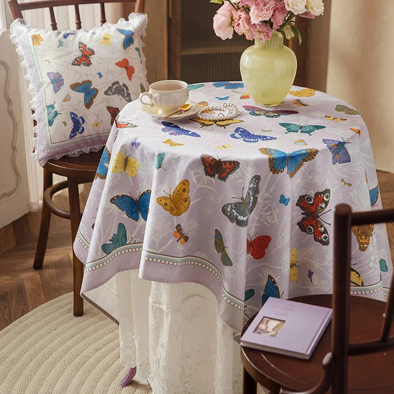 

Purple Table Cloth Short Plush Diningtable Tablecloth Butterfly Printed Elegant Vintage Coffeetable Cover Cloth Home Decoration