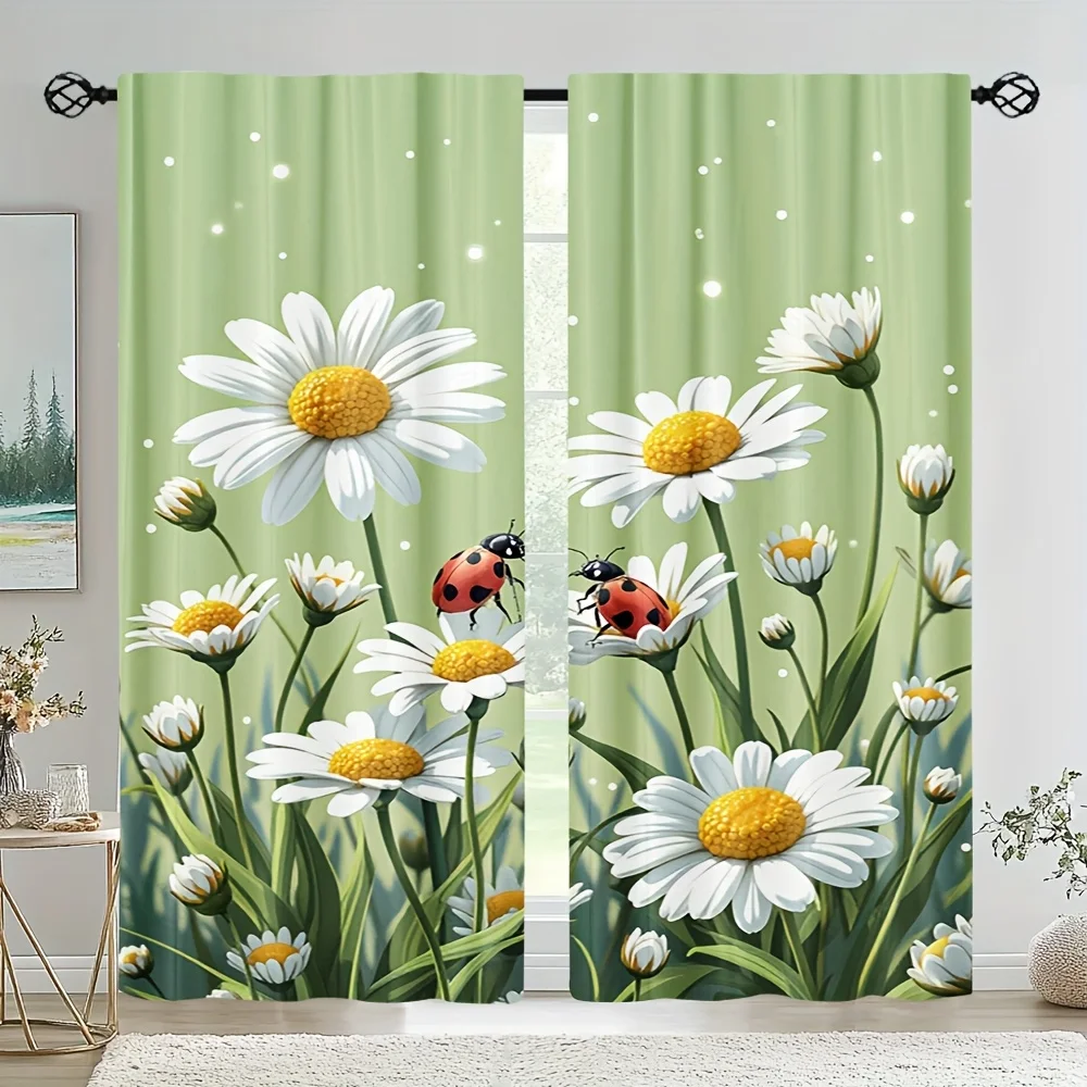 Graceful green daisy pattern Print Drapes Room Darkening Window Curtains for Home Decor,Rod Pocket Blackout Curtains Bedroom