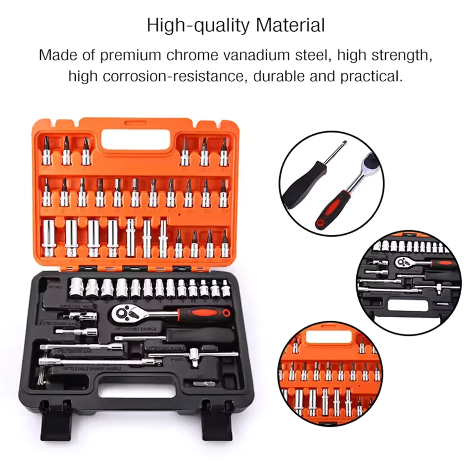 Set Perkakas Reparasi Mobil 53 PCS, Set Soket, Ratchet, Kunci Torsi, Kombo Perawatan Kendaraan Motor, Set Perkakas Reparasi Otomatis