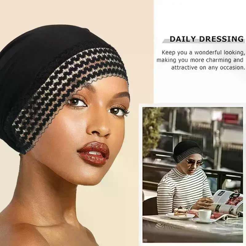 /HTF/Pre Tied Turban Hollow Lace Front Hijab Elastic Soft Head Wrap Breathable Hair Cover Daily Chemo Head Scarf Women