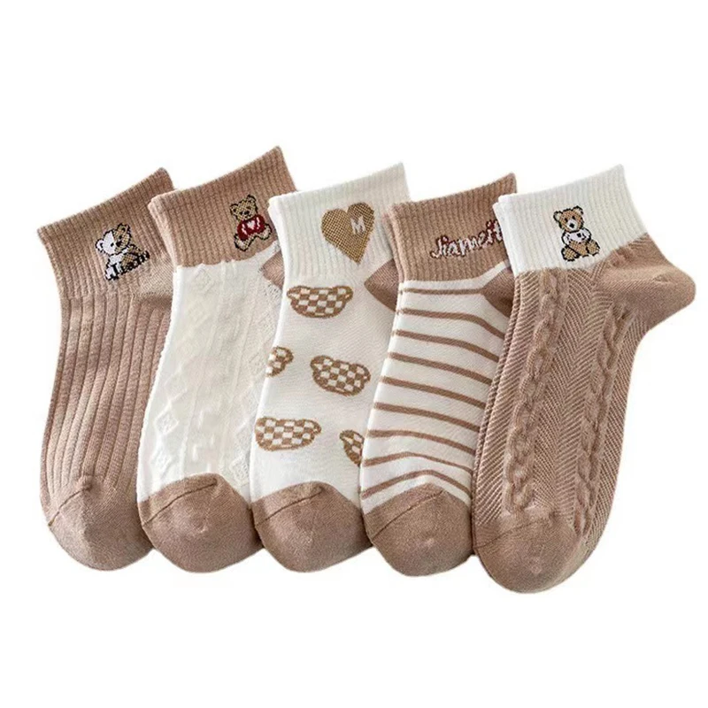 

5 Pairs Socks Sets Women Elegant Retro Polyester Cotton Low Tube Women Socks Breathable Japanese Style Casual Cotton Short Sock