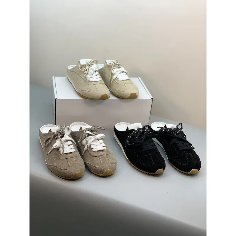 

Women Retro Suede Trainer Mule Sneakers Slip on Backless Slides 2026 Summer Flat Lace Up Mules Casual Outdoor Walking Loafers