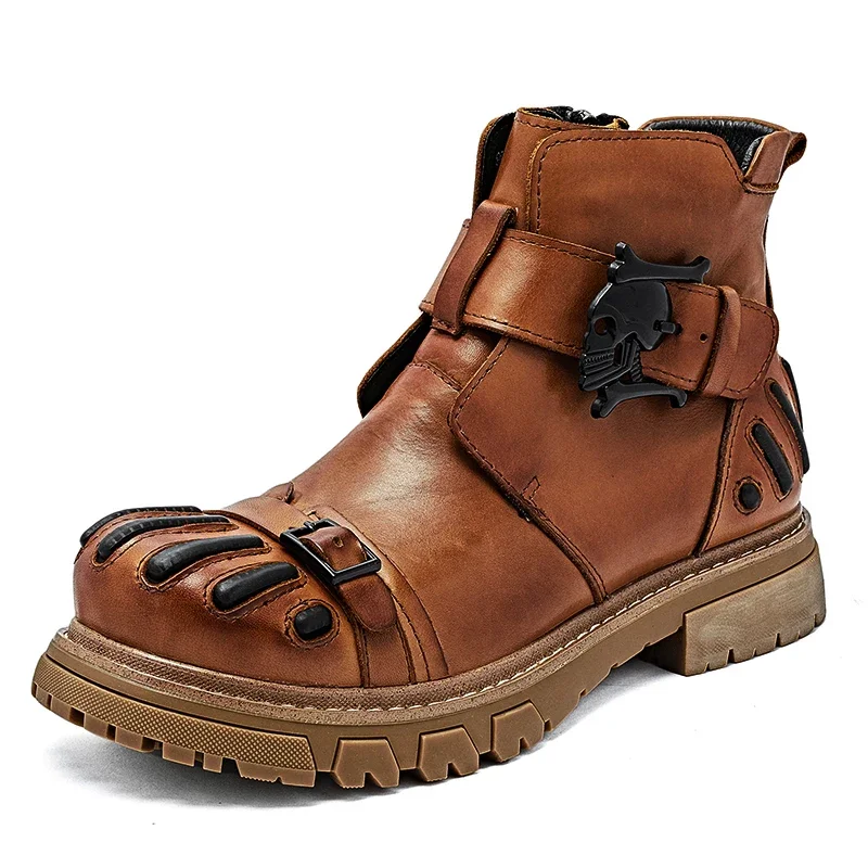 

New Fashion Men's Genuine Leather Gothic Skull Punk Motorcycle Boots Male Mid-calf Western Boots Platform Combat Boots ZIP