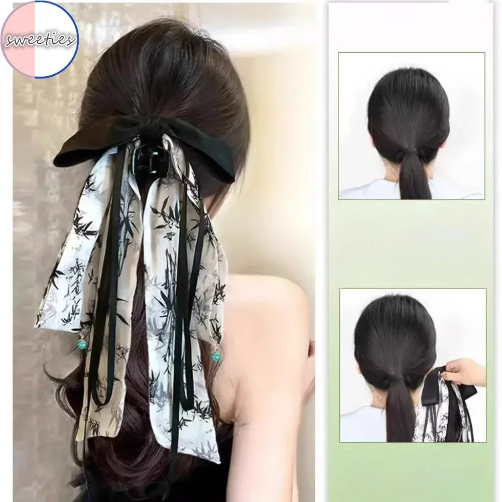 Synthetic Chinese style ribbon bow curly wave clip-on low ponytail wig woman simulation horsetail wigs hair Extensions