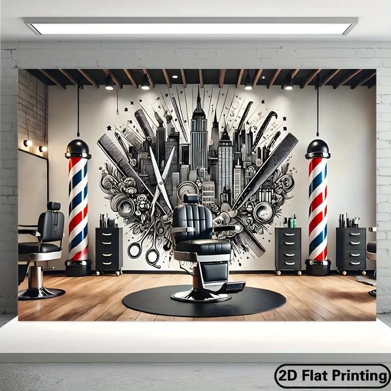 2D-Flachbanner, 1-teiliger Polyester-Hintergrundstoff für einen Friseursalon – exquisiter Friseurstock und urbanes Landschaftsdesign