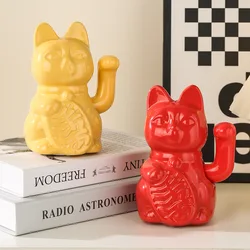5.9 Inch Ceramic Lucky Cat Waving Arm Maneki Neko Beckoning Cat for Fortune Luck Wealth Prosperity Decoration Fengshui Ornament
