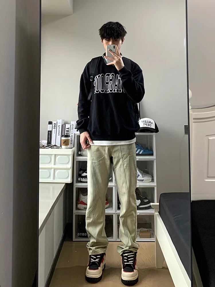 

Youthful Straight Leg Jeans Middle School Boys Yellow Mud Denim Retro American Sle Spliced Micro Flared High Street Slim Fit