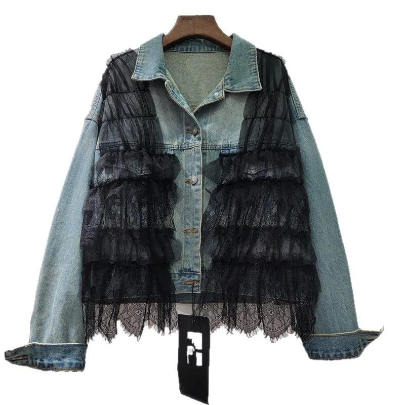 Tanntผู้หญิงเสื้อตาข่ายPatchworkแฟชั่นการจับคู่สีDENIM Coatsสําหรับผู้หญิงไม่สม่ําเสมอหลวมDENIMแจ็คเก็ต 2025 ใหม่