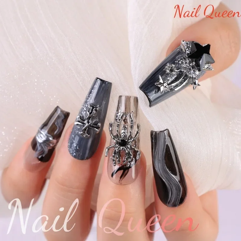 

10pc Press on Nails Halloween 3D Stereoscopic Black Spider Pure Handmade Fake Nail Dark Coffin Type Full Cover Removable Durable