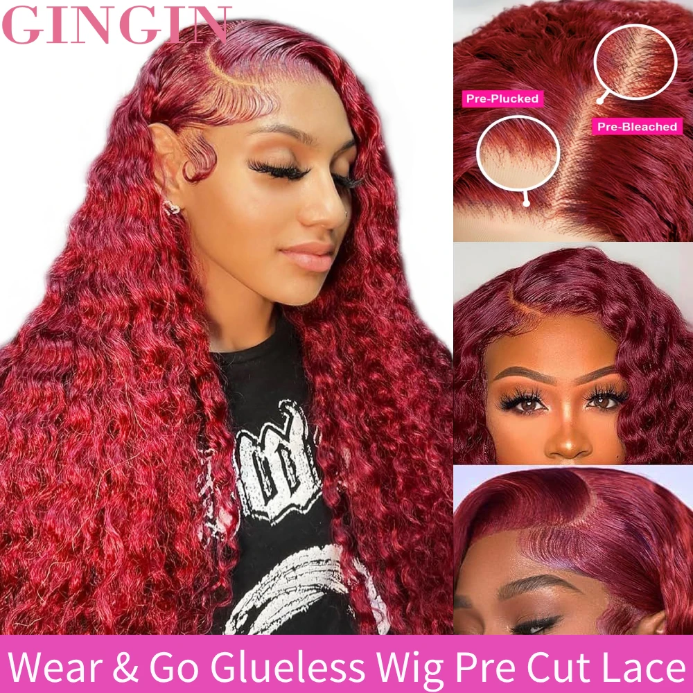 

Water Glueless Wig Human Hair Ready To Wear Pre Cut Pre Plucked Glueless Wig Without Glue And Gel 99j Burgundy Lace Wig On Sale