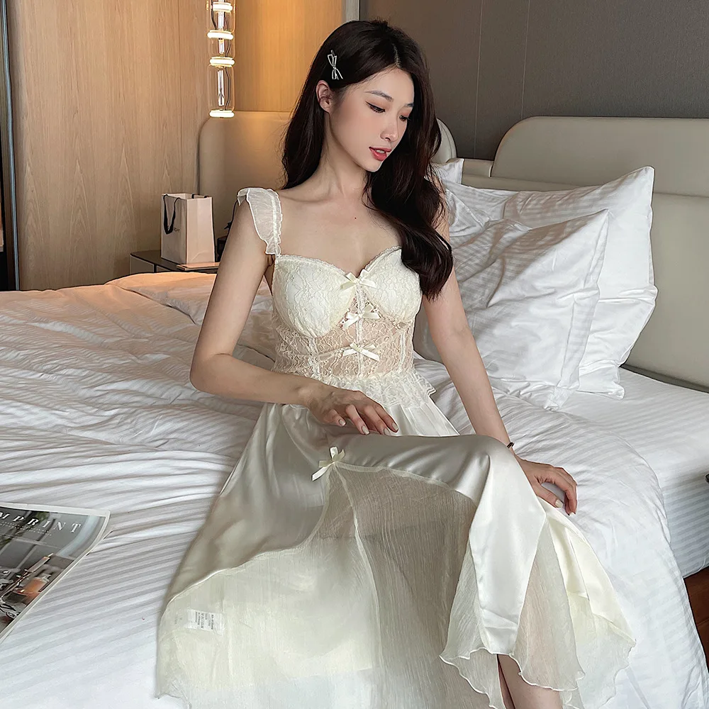 Sexy Women Nightdress Lace Hollow Out Nightgown Lady Chemise Sleepwear Summer Rayon Dressing Gown Lingerie Robe Loungewear