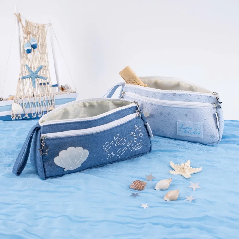 Trending Aesthetic Starfish & Seashell Print Double‑Layer Pencil Pouch, Spacious Student Stationery Bag, Versatile Coin Purse, Random Color Delivery